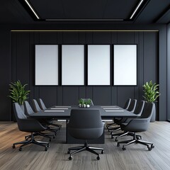 Modern Minimalist Meeting Space with Blank Canvas Frame,Elegant Conference Room with Large Vertical Poster Frame,Contemporary Interior Design Modern room filled with lush green plants
