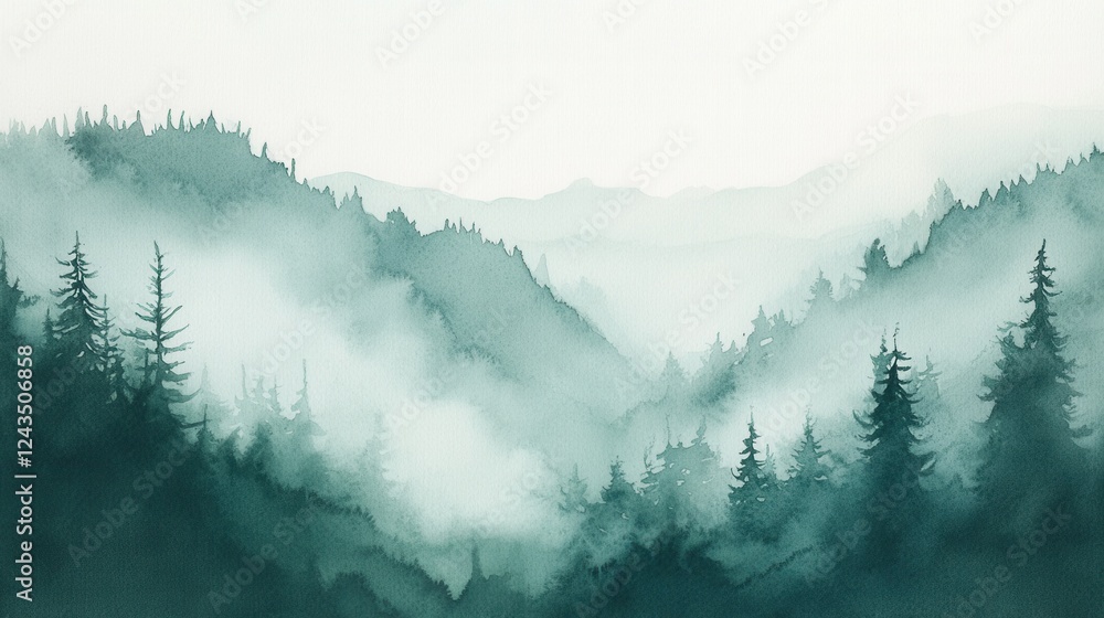 Poster moody watercolor gradient showcasing mountainous landscape with mist and evergreen trees at dawn
