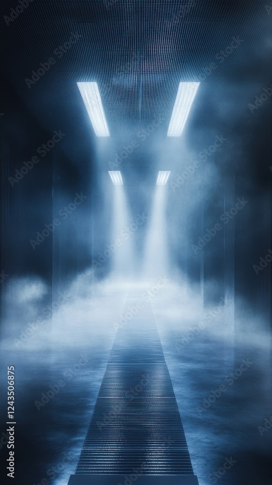 Aufkleber Moody corridor illuminated with navy and silver tones creates an ethereal atmosphere with soft light and fog