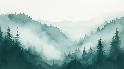 Moody watercolor gradient showcasing mountainous landscape with mist and evergreen trees at dawn