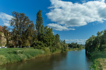 Fototapeta premium Panorama of river Ljubljanica, Ljubljana, Slovenia, Europe. View from Prulski most.