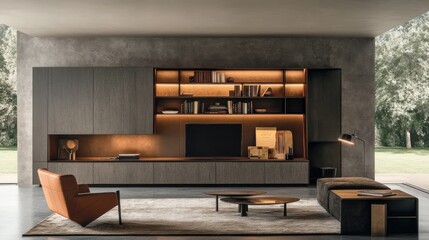 Modern living room with sleek built-in shelves and warm lighting for stylish relaxation
