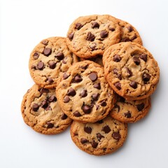 Freshly Baked Chocolate Chip Cookies Piled on White Background, Perfect Treat for Any Occasion
