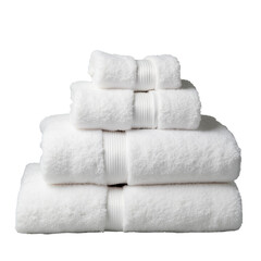 Luxurious white towels stacked in an organized manner on a white background, perfect for bathrooms, spas, and home decor needs