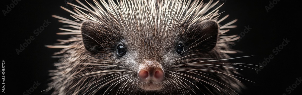 Poster Close-up view of a porcupine's face showcasing intricate quills and expressive features in natural light