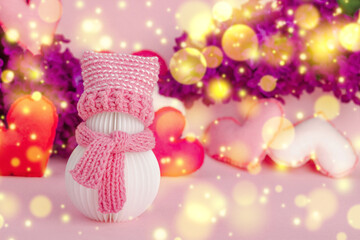 Cute greeting card for Valentine's or Mothers Day. Snowman with handmade hearts and lilac flowers