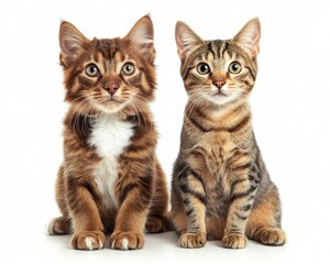 Adorable kittens sitting together on a white background showcasing their unique fur patterns and curious expressions, perfect for pet lovers and marketing needs
