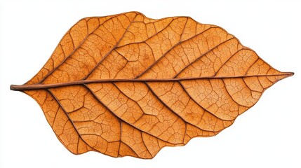 Fototapeta premium Detailed Dried Leaf Close Up, Brown and Orange Hues Against White Background