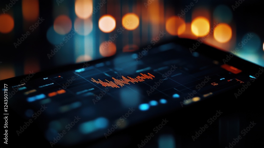 Poster glowing financial app interface displaying data analysis with vibrant background highlights at night