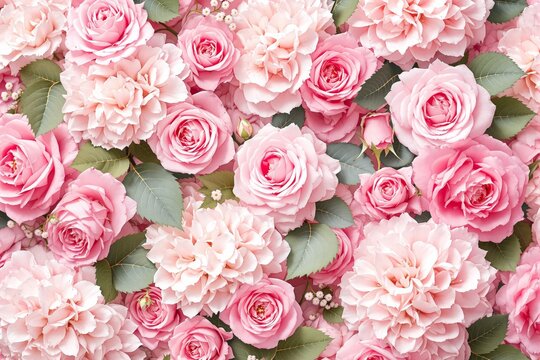 Pink roses and peonies with green leaves on a soft background.