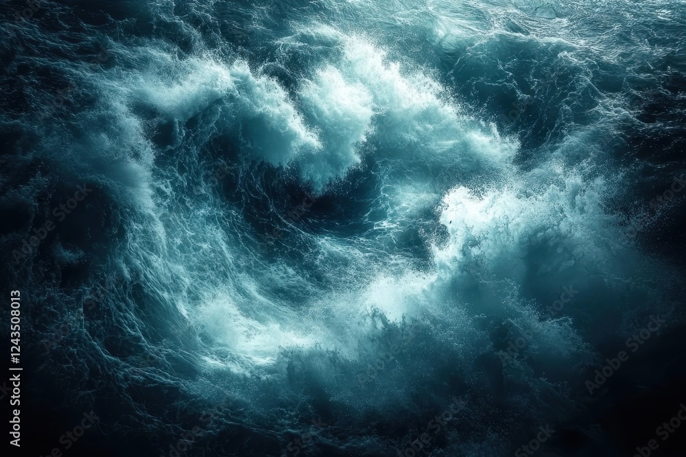 Poster large crashing wave in the ocean creating foam and spray during a sunny day with blue sky