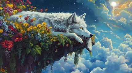 Mystical Floating Wolf Head in a Dreamy Cloudscape Surreal Fantasy Artwork