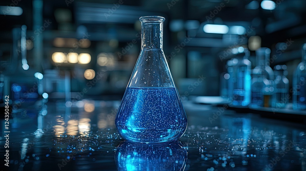 Aufkleber blue liquid in erlenmeyer flask in laboratory setting