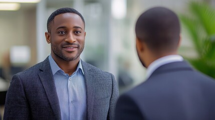Businessman in suit engaging in conversation with another man in professional setting
