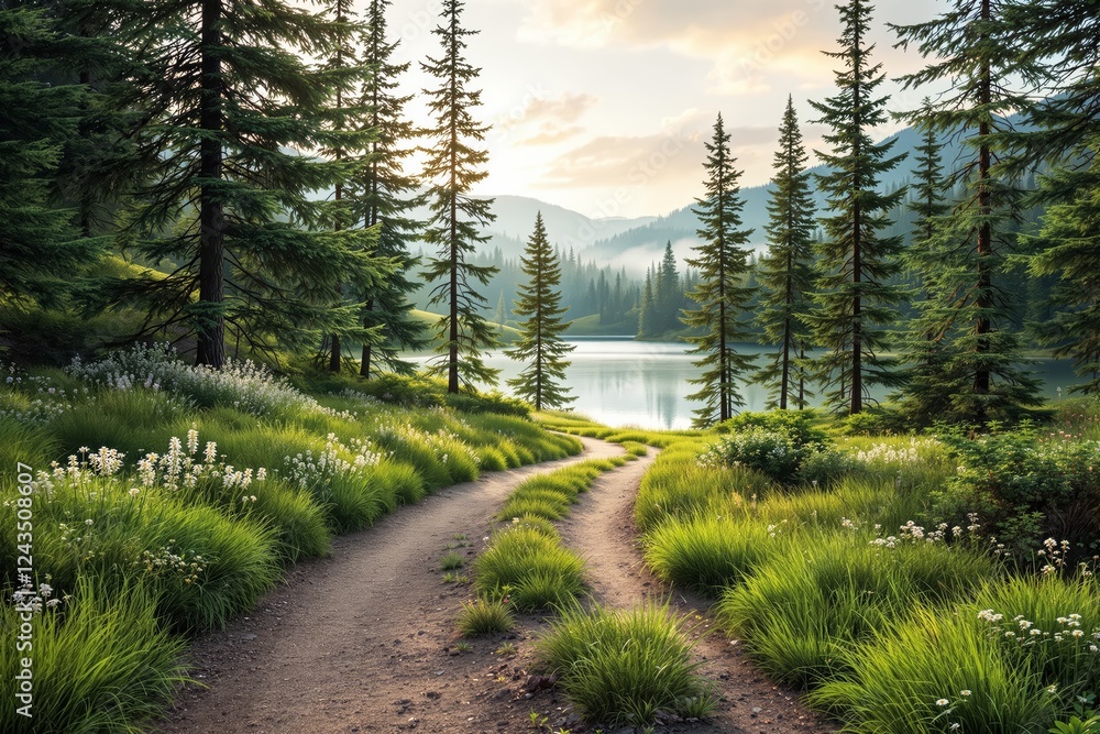 Aufkleber serene forest path leading to a tranquil lake surrounded by lush greenery and mountains in daylight.
