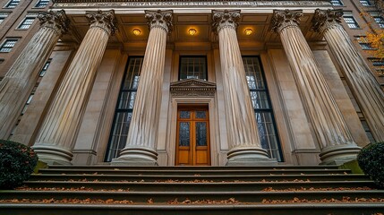 Grand building entrance with columns and autumn leaves.