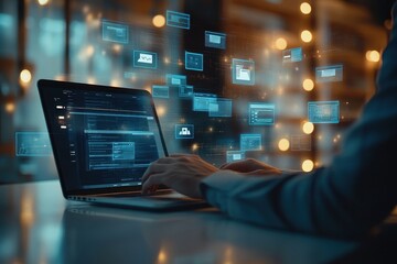 Person using a laptop computer in a modern workspace with natural light and minimalistic design elements