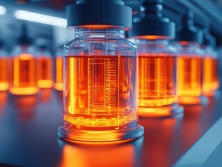 Close-up of transparent vials filled with vibrant orange liquid, showcasing intricate details in a modern laboratory setting.