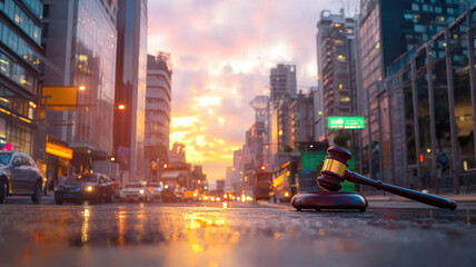 Fototapeta premium digital gavel rests on reflective surface in vibrant city street at sunset, symbolizing justice and law