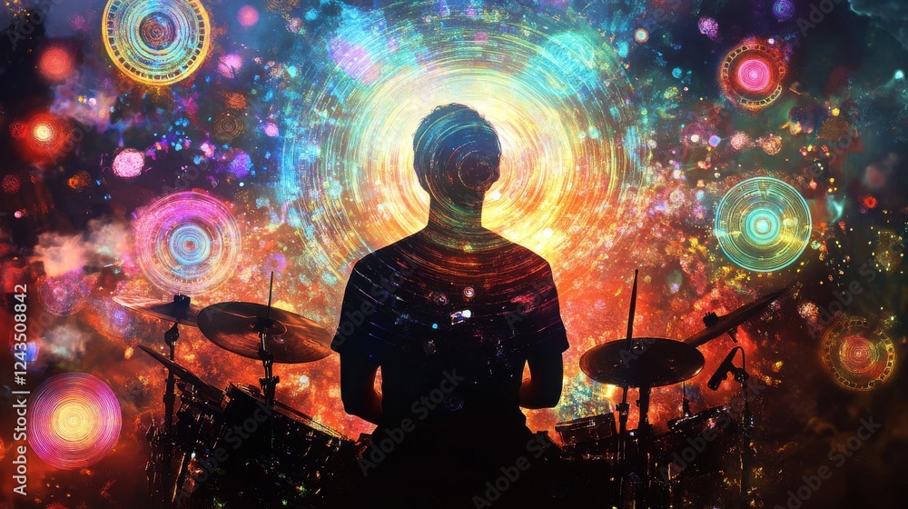 Aufkleber dynamic silhouette of a drummer behind colorful swirling patterns during a vibrant performance at ni