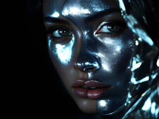 Artistic, glitter, makeup, reflection, symmetry, eyes, lips, glamour, cosmetics, beauty, face, mirror, sparkle