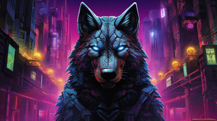 Cyberpunk Wolf with Glowing Eyes in a Neon City Futuristic Digital Painting