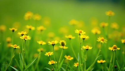 Obraz premium A scattering of tiny yellow wildflower clusters, yellow blooms, meadow, natural