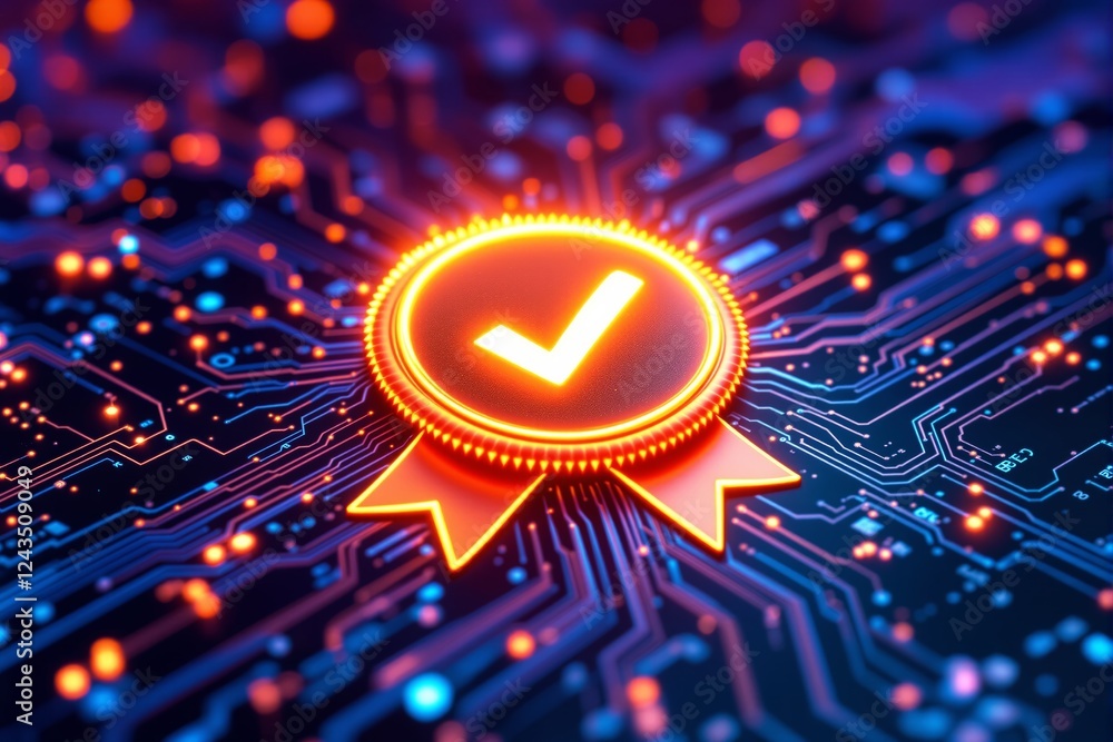 Poster Neon glowing checkmark badge on a circuit board background showcasing technology validation and quality assurance concept.