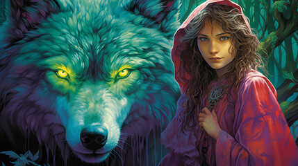 Mystic Green-Eyed Wolf Spirit with a Hooded Woman Enchanted Forest Scene