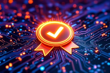 Neon glowing checkmark badge on a circuit board background showcasing technology validation and quality assurance concept.
