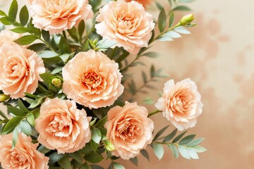 Elegant peach carnations with green leaves on soft beige background.