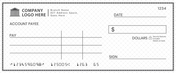 Empty money cheque. Bank check. check book template with pattern and blank fields. Currency payment coupon, US dollar check background.	