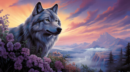 Majestic Wolf Standing Among Lavender Flowers at Sunset Serene Nature Scene