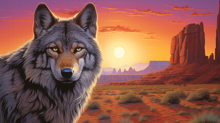 Realistic Wolf Portrait in a Western Desert Landscape Scenic Digital Painting