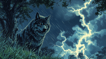 Dark Stormy Forest with a Lone Wolf Emerging from Shadows Intense Scene
