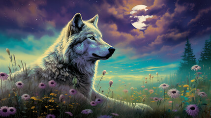 Lush Green Valley with a Lone Wolf Staring at the Horizon Tranquil Wallpaper