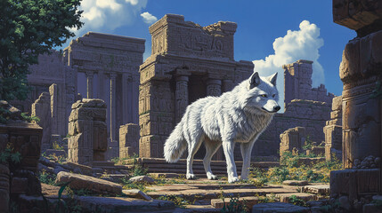 Lone White Wolf in an Abandoned Stone Fortress Atmospheric Digital Painting