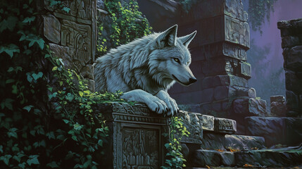 Wolf in a Mysterious Overgrown Ruin Ancient Civilization Meets Wildlife