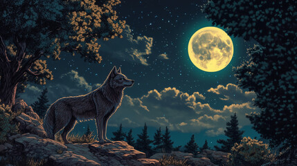 Full Moon Night with a Lone Wolf Howling Classic Wildlife Fantasy Artwork