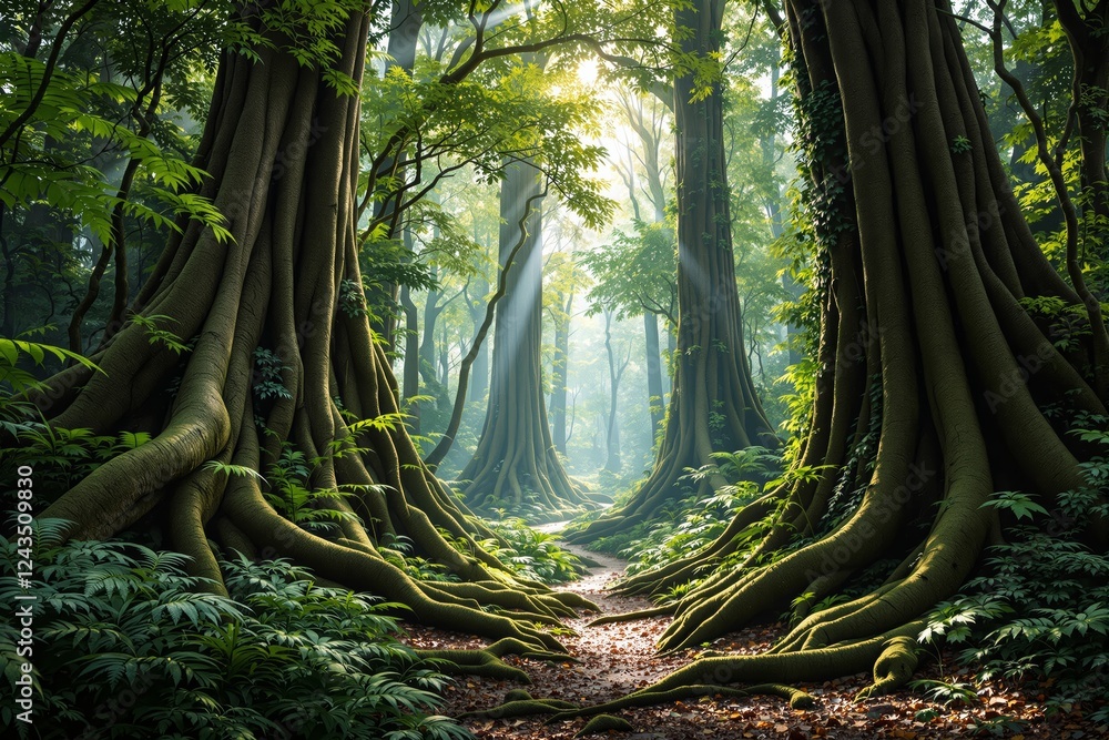 Aufkleber lush green forest with towering trees and sunlight filtering through the canopy.