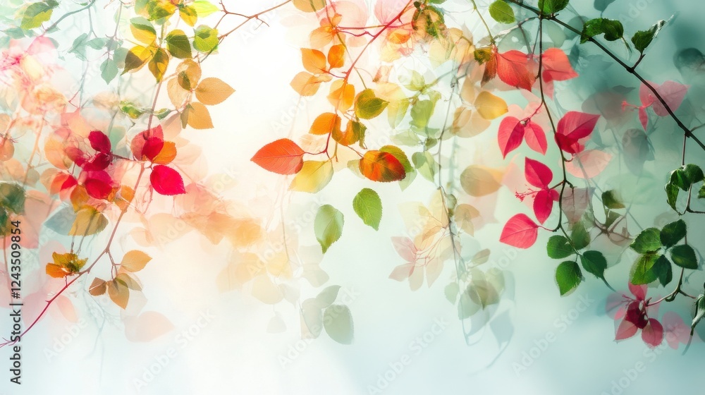 Poster creative double exposure capturing cascading leaves in vibrant autumn colors and soft background lig