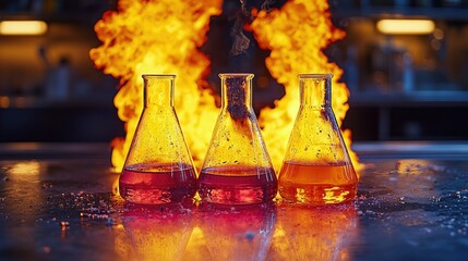 Three Erlenmeyer Flasks Containing Liquids Near Flames