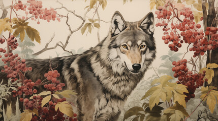 Traditional Japanese-Style Wolf Illustration in Ink and Watercolor Vintage Art