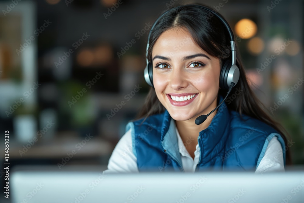 Aufkleber smiling customer service representative wearing a headset in a modern office background.