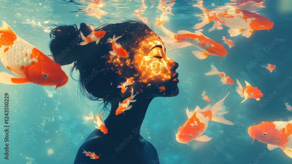 Aufkleber conceptual visualization of a woman submerged in water surrounded by vibrant goldfish during a seren