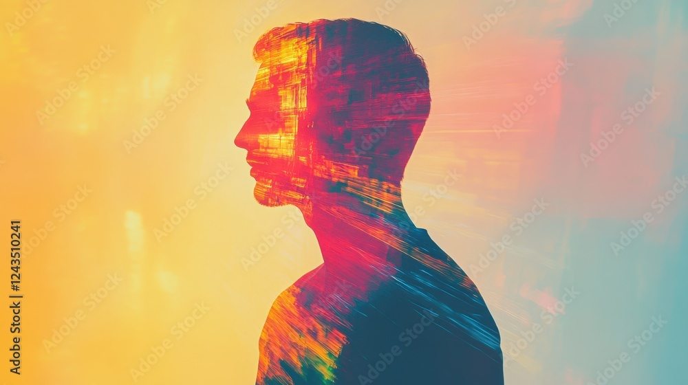 Aufkleber man glowing with vibrant colors in a surreal setting, showcasing creativity and inner thoughts