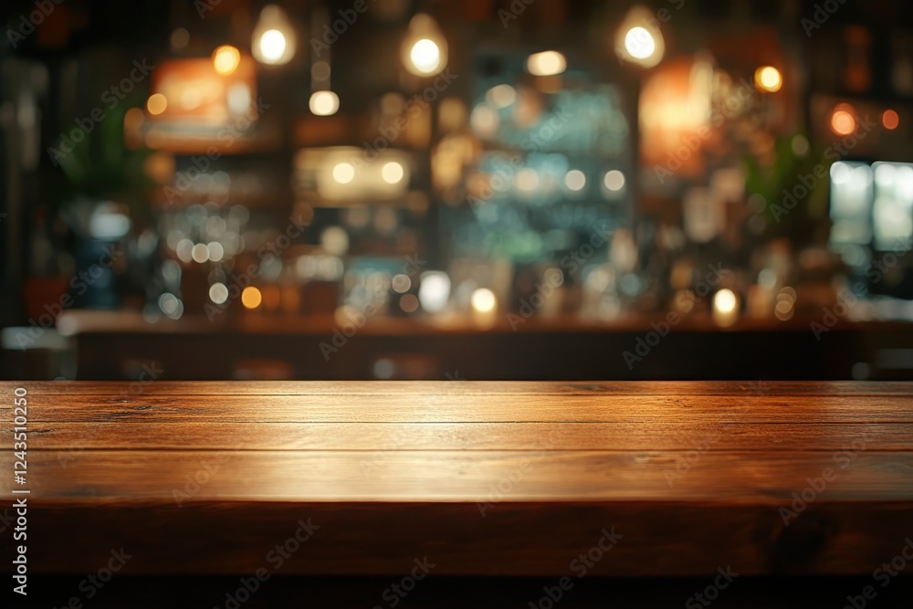 Poster wooden table top with blurred lights creating a warm and inviting atmosphere in the background