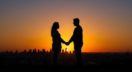 Fototapeta premium Two people holding hands at sunset.