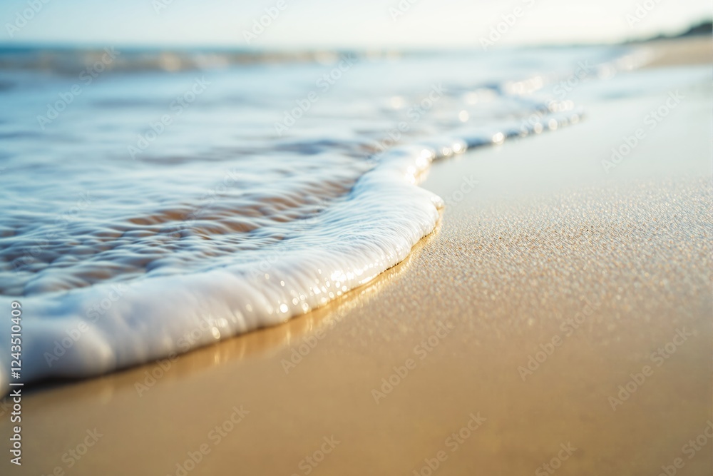 Poster close-up view of gentle ocean waves reaching the sandy beach under soft sunlight.