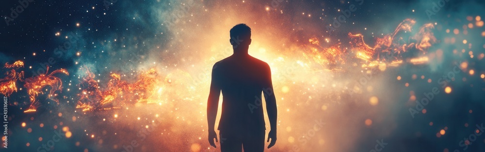 Aufkleber man glowing amidst cosmic elements in a surreal atmosphere, conveying a sense of wonder and transfor